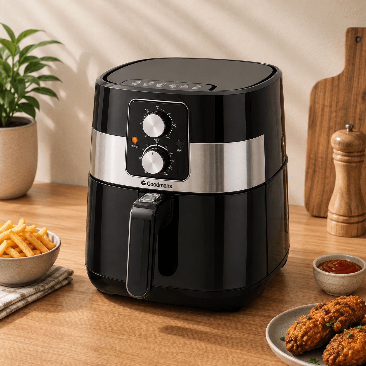 GOODMANS 3L Air Fryer Features: an easy-to-use detachable basket, an adjustable temperature con (GM-AF-R10)