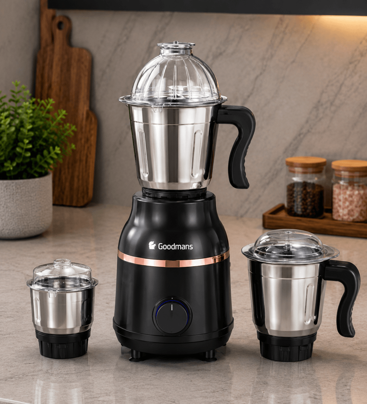 Goodmans 750W 3-Jar Mixer Grinder (Black & Rosegold)